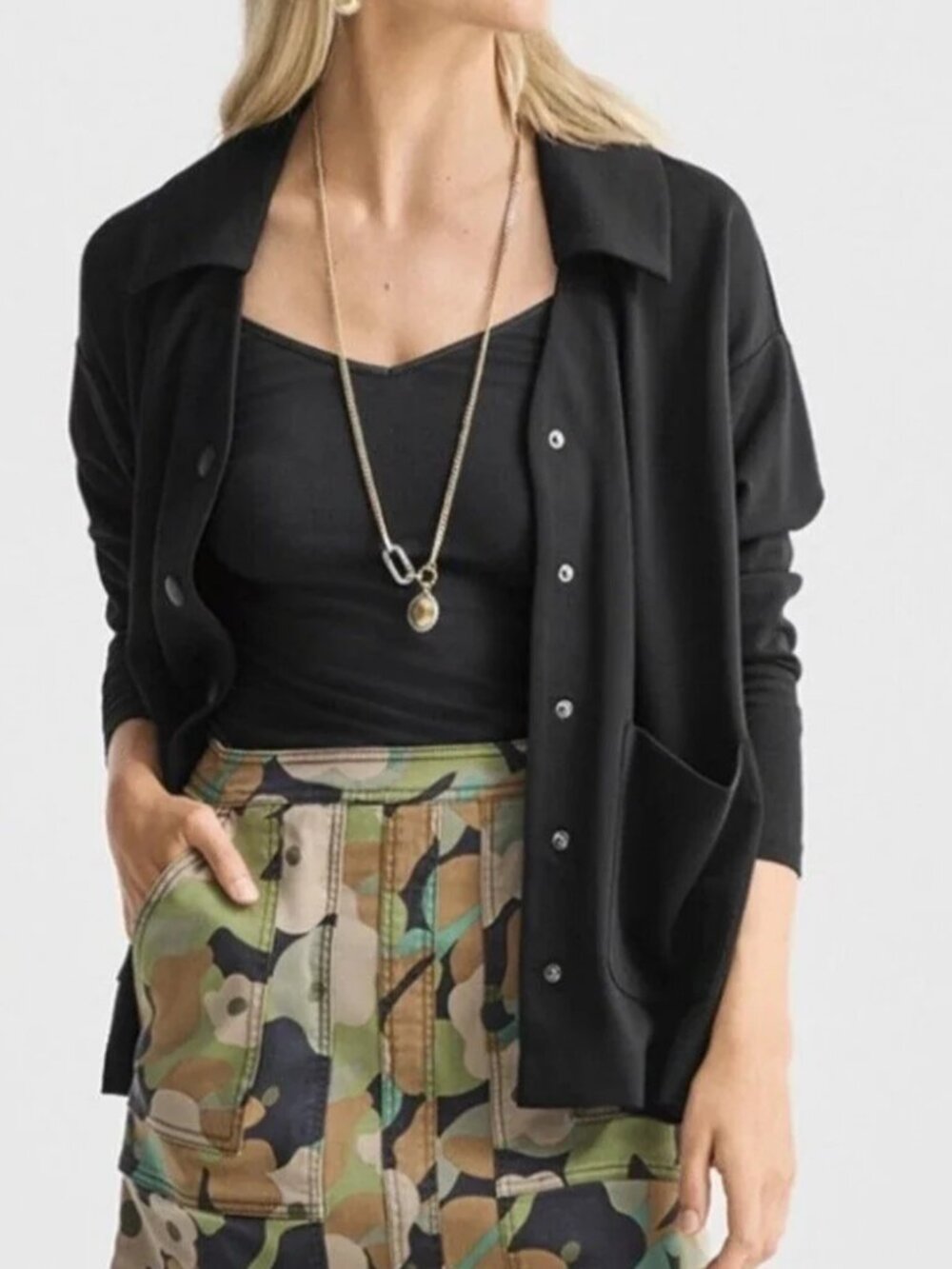 CAbi Elemental Topper Black Snap Button Shacket Jacket Size L Minimalist Utility